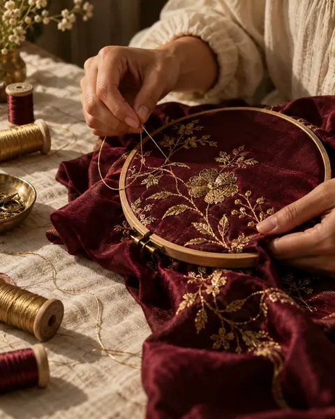 Concept image of hands stitching burgundy fabric in an embroidery hoop