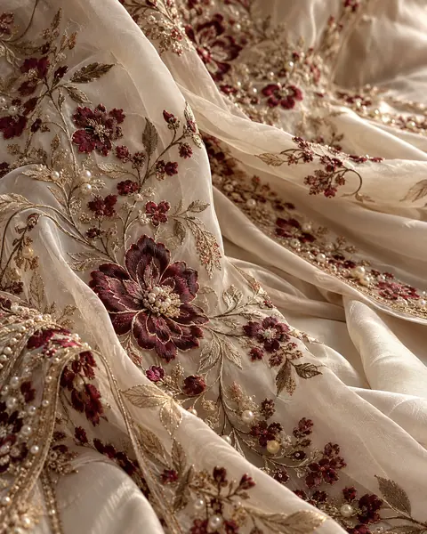 Ivory fabric with burgundy flowers and gold embroidery, a concept mood image